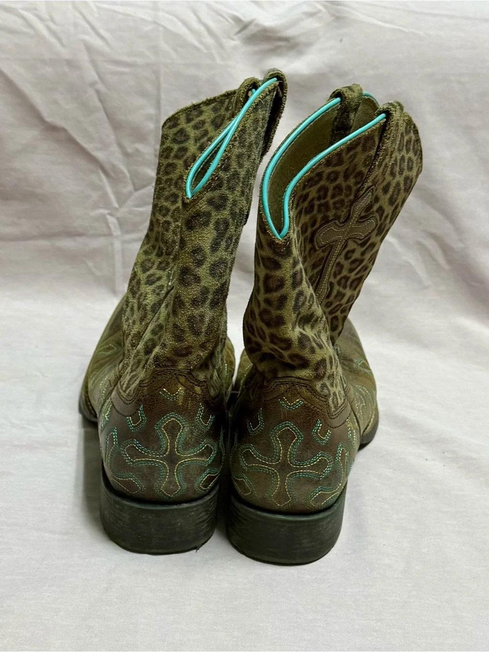 Ariat Brown Leopard-Print Western Boots with Turquoise Trim
